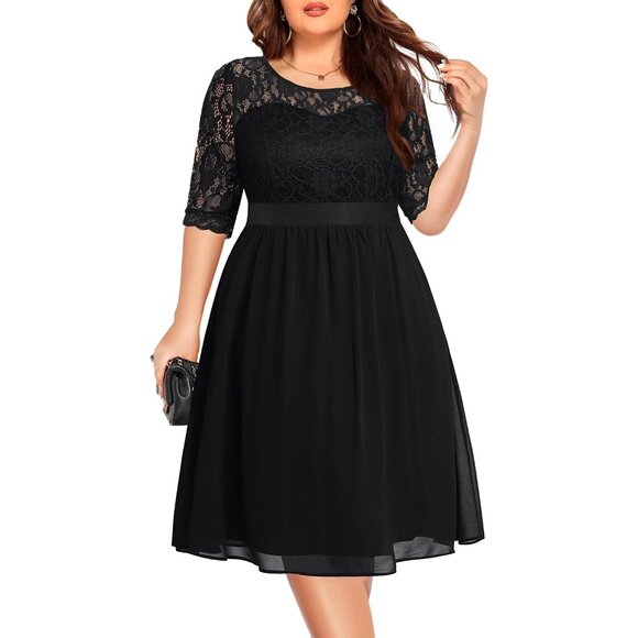 Plus Size Cocktail Dress Lace Midi Pockets Floral for Graduation and Events - Picture 2 of 5